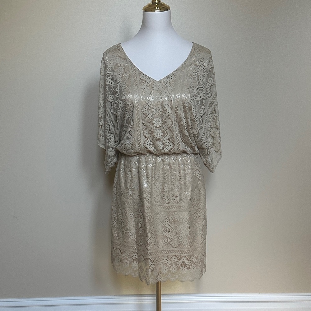 Laundry by Shelli Segal Tan Lace Overlay Mini Dress V-Neck Blouson Sheath Size 6